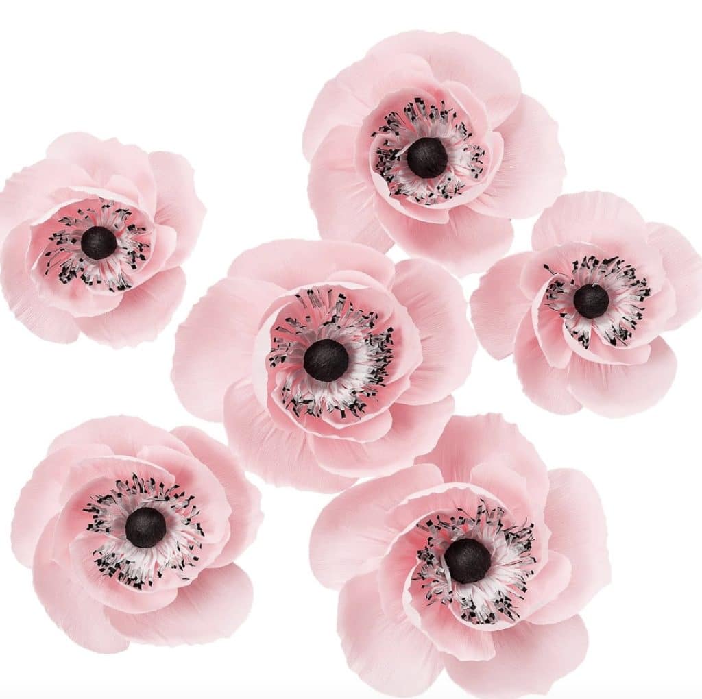 Six pink anemone flowers with delicate petals and dark centers are arranged against a white background, inspiring easy flower paper crafts.